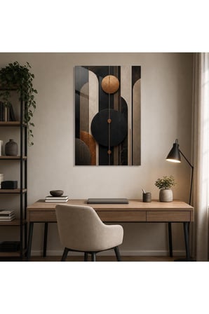 Soyut Geometrik Baskılı Cam Tablo – Bakır Detaylı Modern Duvar Dekoru