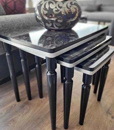 3lü Lüx Zigon Sehpa Siyah Mermer Gümüş