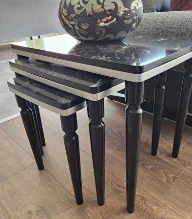 3lü Lüx Zigon Sehpa Siyah Mermer Gümüş