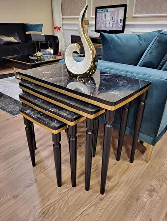 4lü Lüx Zigon Sehpa Siyah Mermer Gold