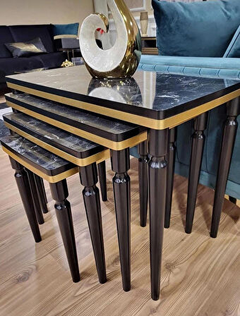 4lü Lüx Zigon Sehpa Siyah Mermer Gold