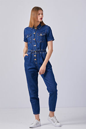 Önü Düğmeli Lacivert Kot Tulum