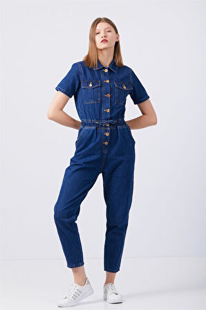 Önü Düğmeli Lacivert Kot Tulum