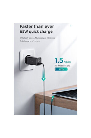 Gan 65w Yüksek Hızlı 2xtype C 1xusb Girişli Şarj Cihazı