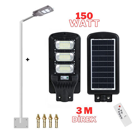 Solar Bahçe Aydınlatması Güneş Enerjili Sokak Lambası 150W + 3m Lamba Direkli