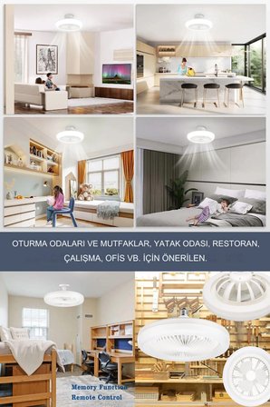 Yeni Nesil E27 Duylu Kumandalı Tavan Vantilatörlü Led Lamba 3 Hız Ayarı 3 Renk Ayarı