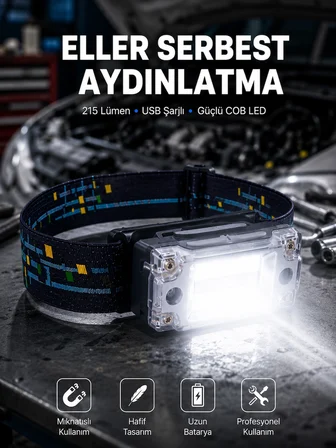 Kompakt Led Kafs Feneri Usb Şarjlı 2 Işık Modlu 215 Lümen Yeni Nesil