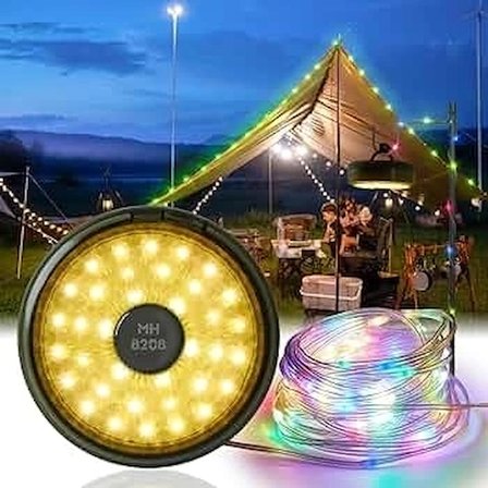 Şarjlı 10 Metre Ledli Şarj Göstergeli 8 Işık Modlu Hareketli Flaşör Modlu Kamp Lambası Led Işık