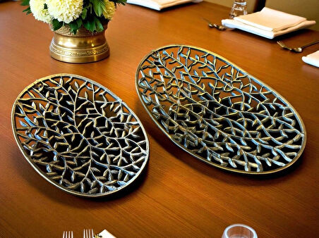 DEKORATİF METAL ESKİTME 2’Lİ TEPSİ TAKIMI OBJE SÜS EŞYA SALON AKSESUAR OFİS DEKOR