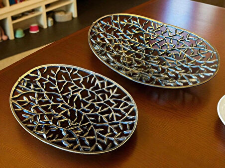 DEKORATİF METAL ESKİTME 2’Lİ TEPSİ TAKIMI OBJE SÜS EŞYA SALON AKSESUAR OFİS DEKOR