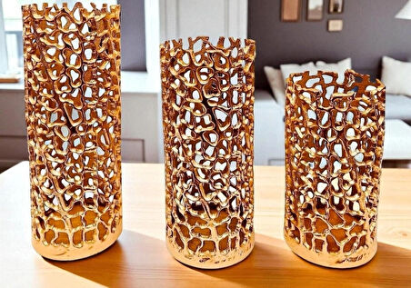 DEKORATİF METAL GOLD 3’LÜ VAZO TAKIMI 