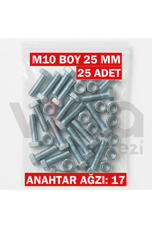 M10x25 Altı Köşe Cıvata + Somun Takımı – Çinko Kaplı – 25 Adet Takım
