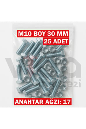 M10x30 Altı Köşe Cıvata + Somun Takımı – Çinko Kaplı – 25 Adet Takım