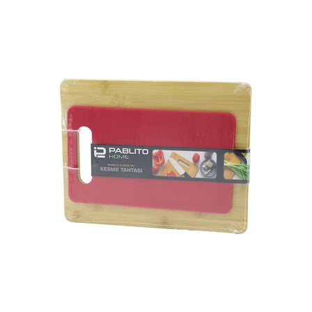 2Pcs Set=Ahşap Bambu - Plastik Kesim Panosu - Kesme Tahtası Pls:15X25Cm- Ahş:22X28Cm