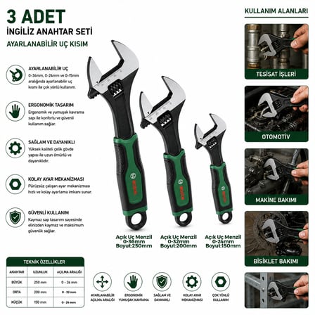 İngiliz Anahtar Kurbağacık Seti 3 Parça (6"-8"-10" / 150-200-250 Mm)