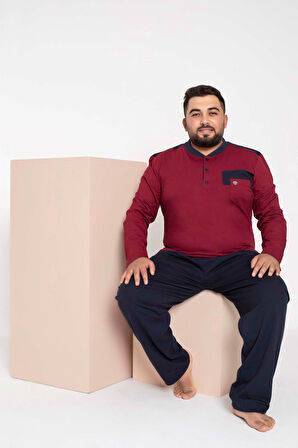 Erkek Büyük Beden 3 Düğmeli %100 Pamuk Cepli Mevsimlik Pijama Takımı