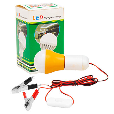 4 Metre Kablolu, Akü maşalı, 12 Volt, 10 Watt, Beyaz 6500K, Led Ampul, (DC 12 Volt Aküler İçin), Kamp, karavan, tekne, 1 Adet,