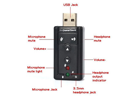 7.1 USB Stereo Ses Adaptörü , Harici Ses Kartı, PC ve Dizüstü Bilgisayar için 3D USB Ses Adaptörü,