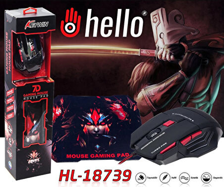 Hello, Keywin, Kablolu Gaming Mouse+Pad, oyuncu mouse+pad, 7 tuşlu, Yüksek Kalite, RGB Işıklı Gaming Mouse ve 30x24cm Desenli Oyuncu MousePad (KIRMIZI)