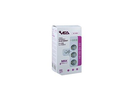Anahtarlı Topraklı Priz Adaptörü, 3 SOKETLİ 3xUSB 2.4A, 1xTYPE-C 20 watt, AKIM KORUMALI PRİZ, 10 A, 2500 W, Duvar Fişi, USB Fişi, USB C Bağlantı Noktalı, Hızlı Şarj,