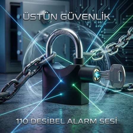 Siyah Alarmlı Asma Kilit - 110 dB Yüksek Sesli Çok Amaçlı Güvenlik Kilidi, 3 Anahtarlı