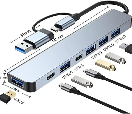 Type-C 7in1 Usb 3.0 Hub, USB/Type-c To USB A, USB C Macbook uyumlu Çevirici,