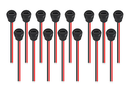 15 Adet, USB-C Konnektör Type-c Dişi Şasi 2 Pin, Yuvarlak Siyah,