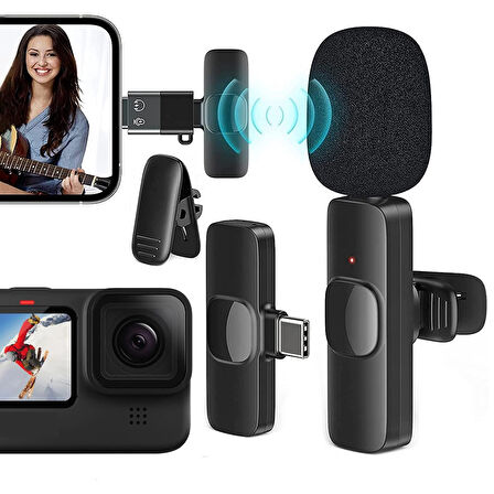 K8 Kablosuz TYPE-C Vlogger Yaka Mikrofonu ,Cep Telefonu İçin Gürültü Önleyici, Profesyonel Dış Mekan Mikrofonu, USB C Girişli Canlı Yayın Youtuber Kablosuz