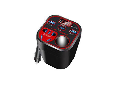 Çok Fonksiyonlu, Çakmaklık Araç İnvertörü, 2x USB 3.0, 2x Type-C Araç Priz Dönüştürücü, Hızlı Şarj,  12V/24V 220V – 200 Watt