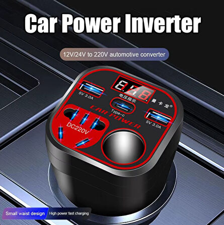 Çok Fonksiyonlu, Çakmaklık Araç İnvertörü, 2x USB 3.0, 2x Type-C Araç Priz Dönüştürücü, Hızlı Şarj,  12V/24V 220V – 200 Watt
