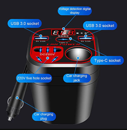 Çok Fonksiyonlu, Çakmaklık Araç İnvertörü, 2x USB 3.0, 2x Type-C Araç Priz Dönüştürücü, Hızlı Şarj,  12V/24V 220V – 200 Watt