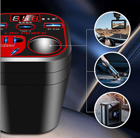 Çok Fonksiyonlu, Çakmaklık Araç İnvertörü, 2x USB 3.0, 2x Type-C Araç Priz Dönüştürücü, Hızlı Şarj,  12V/24V 220V – 200 Watt