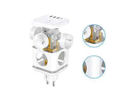 3 SOKETLİ 3XUSB+TYPE-C AKIM KORUMALI PRİZ, 7 in 1 Priz,
