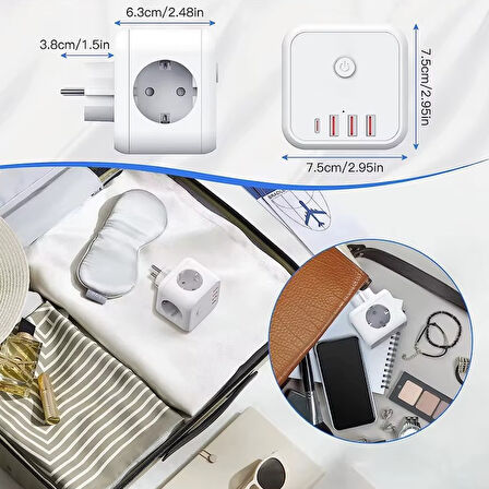 3 SOKETLİ 3XUSB+TYPE-C AKIM KORUMALI PRİZ, 7 in 1 Priz,