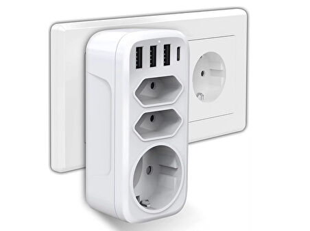 7'si 1 arada çoklu priz, USB priz, Type-C + 3 Usb'li Çoklu Priz,