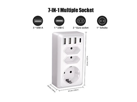 7'si 1 arada çoklu priz, USB priz, Type-C + 3 Usb'li Çoklu Priz,