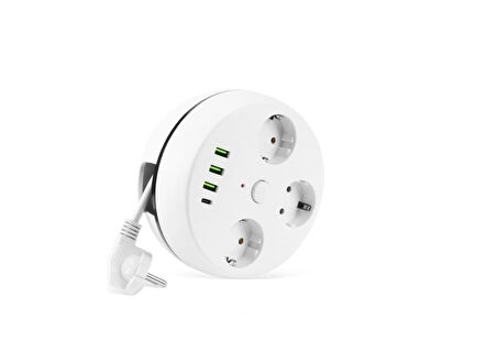 VEA 7 in 1 , Akım Korumalı Grup Priz, 3'LÜ, Anahtarlı, 3 Usb, 1 Type-c, 1.5 Metre Kablolu, Kablosu Toplanabilir Makaralı, 850 Derece Isıya Dayanıklı