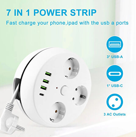 VEA 7 in 1 , Akım Korumalı Grup Priz, 3'LÜ, Anahtarlı, 3 Usb, 1 Type-c, 1.5 Metre Kablolu, Kablosu Toplanabilir Makaralı, 850 Derece Isıya Dayanıklı