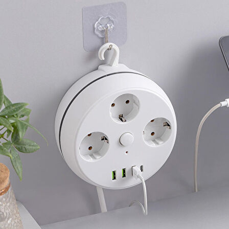 VEA 7 in 1 , Akım Korumalı Grup Priz, 3'LÜ, Anahtarlı, 3 Usb, 1 Type-c, 1.5 Metre Kablolu, Kablosu Toplanabilir Makaralı, 850 Derece Isıya Dayanıklı