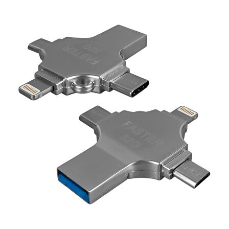 4 in1 Metal 32 GB Flash Bellek (USB - Type-C - Micro USB - Lightning)