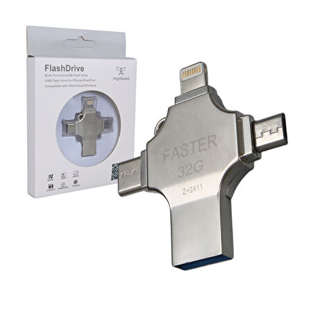 4 in1 Metal 32 GB Flash Bellek (USB - Type-C - Micro USB - Lightning)