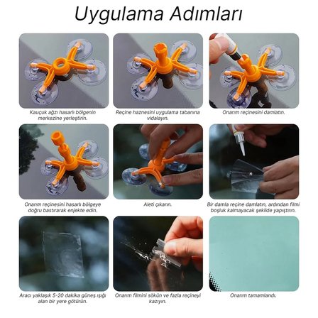 Araç Ön Cam Kırık Çatlak Giderici Hızlı Tamir Kiti 2,5 cm çap kadar uygundur, 3ml 5 Film,