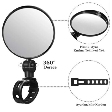 Elektrikli Scooter Bisiklet Dikiz Aynası, Tüm Bisikletlerle uyumlu, 8 cm Çap, Gidon Kelepçesi, 360 Derece, 2 Adet,
