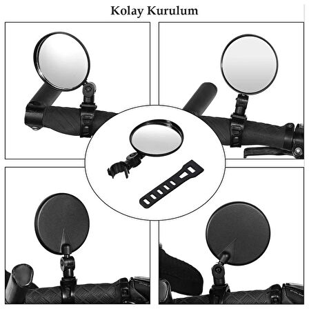 Elektrikli Scooter Bisiklet Dikiz Aynası, Tüm Bisikletlerle uyumlu, 8 cm Çap, Gidon Kelepçesi, 360 Derece, 2 Adet,
