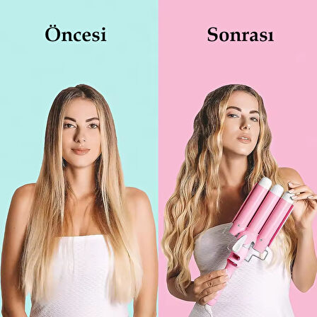 Triple Su Dalgası, Profesyonel Saç Şekillendirici Maşası, 30 sn ısınma, 160°C - 200°C Isınma, 360° Dönen Kablolu, 24 Saate Kadar Etkili Saçlar, Premio T-0042,