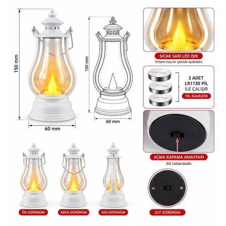 Plastik, Nostaljik, LED, Mini Gaz Lambası Tasarımlı, Pilli Dekoratif Aydınlatma, Beyaz