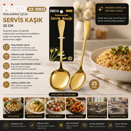 25 Cm Metal Servis Kaşığı Altın Renk