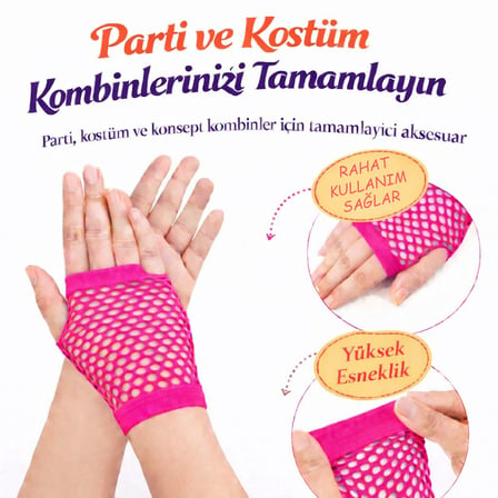 80’Ler 90’Lar Neon Fuşya Pembesi File Parmaksız Kısa Eldiven 11 Cm