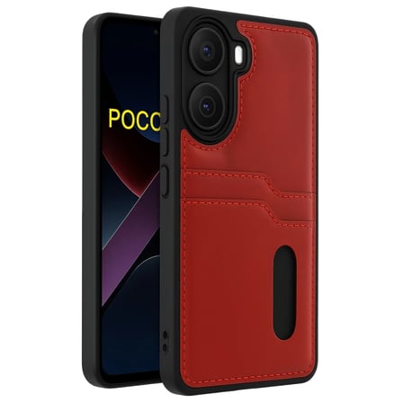 Poco X7 Kılıf Sara Kartvizitli Deri Kılıf - Kırmızı