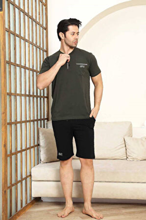 Erkek 3 Düğmeli Likralı Pamuk Kısa Kol Cepli Şortlu 3lü Pijama Takımı-3 Parça Kutulu Çeyizlik Set